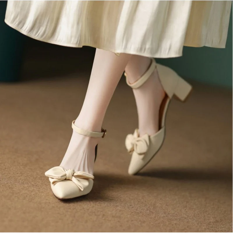 

2026 New Women Mid Heel Pointed Toe Bow Pumps Elegant Versatile Wedding Party Dress Shoes