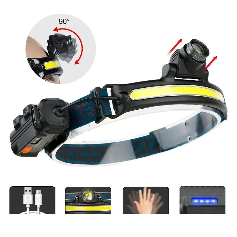 Induction Headlamp XPG+COB LED Head Lamp with Built-in Battery Flashlight Multi-function USB Rechargeable 6 Modes Head Torch