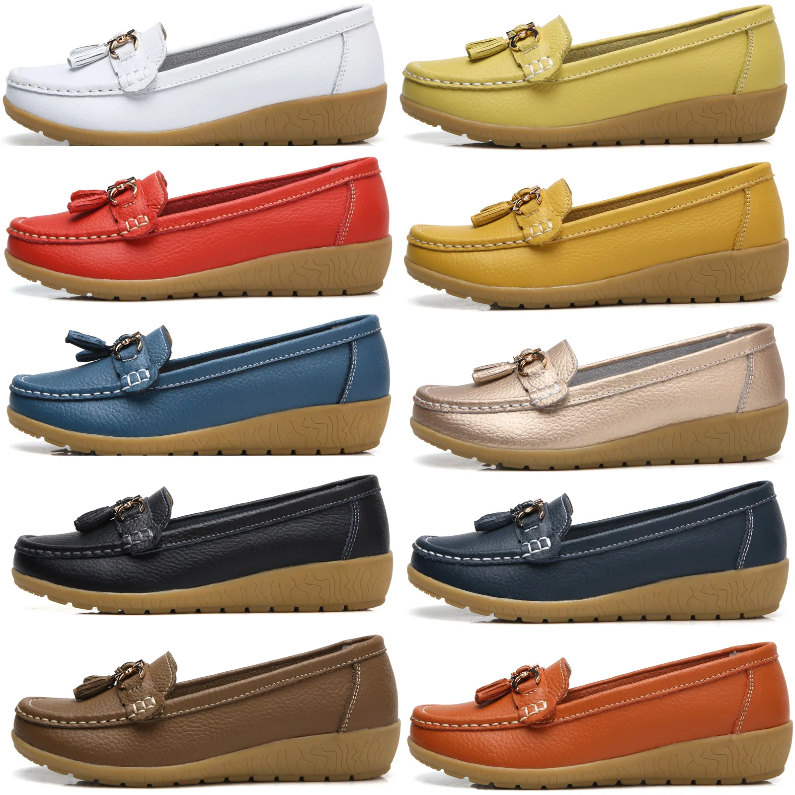 Damen-Slip-On-Loafer aus Leder, weiß, lässig, bequem, Mokassins mit Metallquaste, Gummisohle, große Größen 41 42 43 für Dropshipping