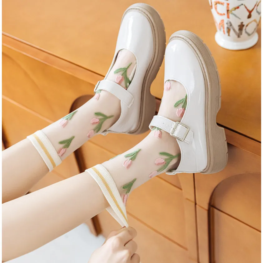 Women Tulip Summer Thin Crew Socks Ruffled Edge Breathable and Comfortable Fashion Cute Print Sweet Silk Flower Transparent Sock