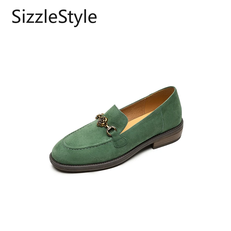 

Preppy Kelly Green Loafers Women's Handmade Suede Metallic Camellia Vintage 3cm Block Heel Leather Lining Slip On