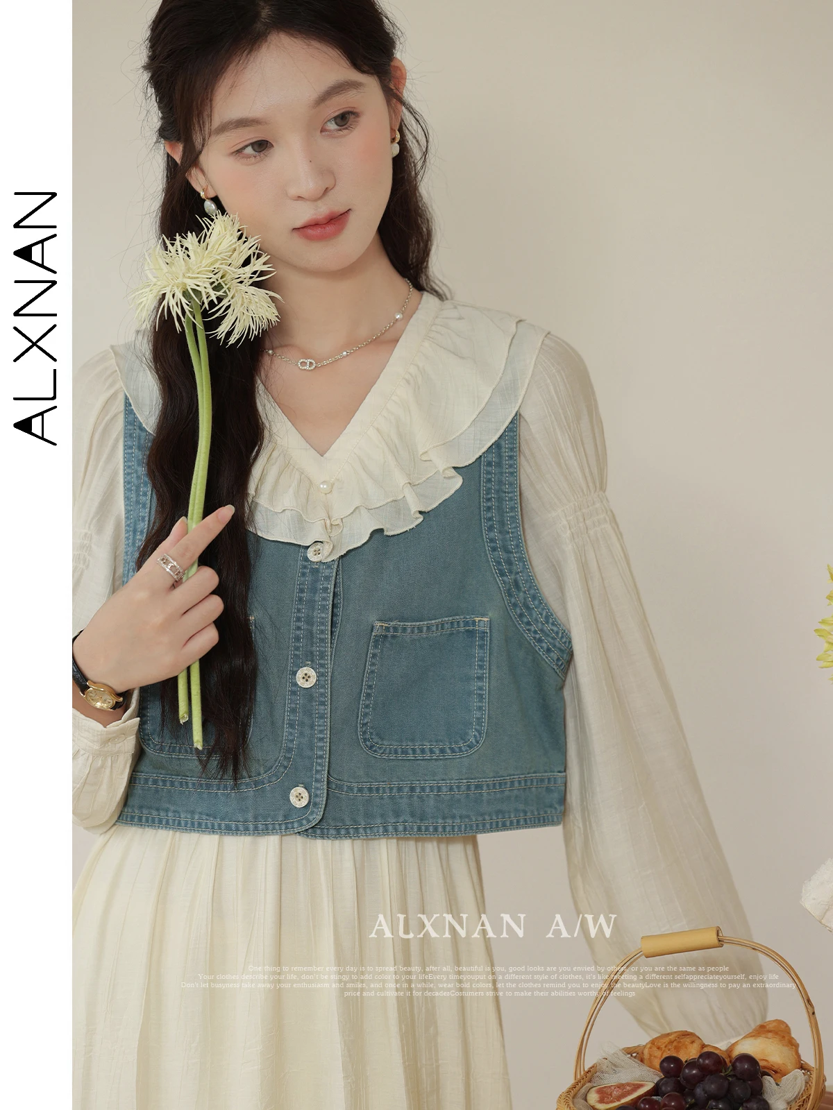 ALXNAN Women's Denim Vest Simple Trendy V-neck Sleeveless 2024 Fall Winter Commuter Cropped Waistcoat Sold Separately LXN31007MJ