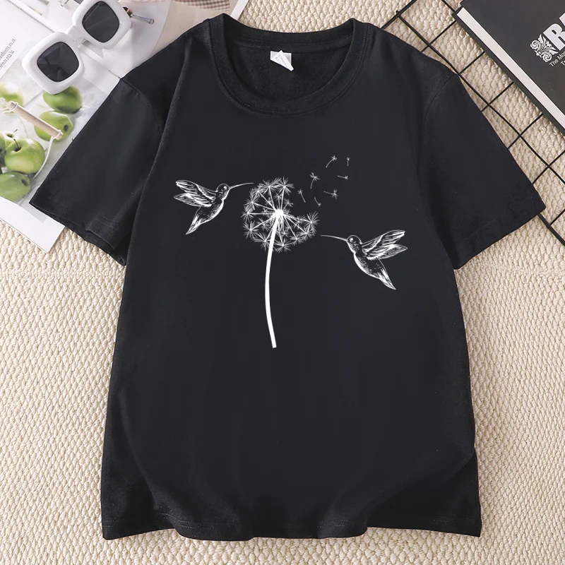 Cute Dandelion Hummingbird T-Shirt Women Ladies Nature Lovers Tee Casual Cotton Short Sleeve Animal Lover Tshirts Clothes