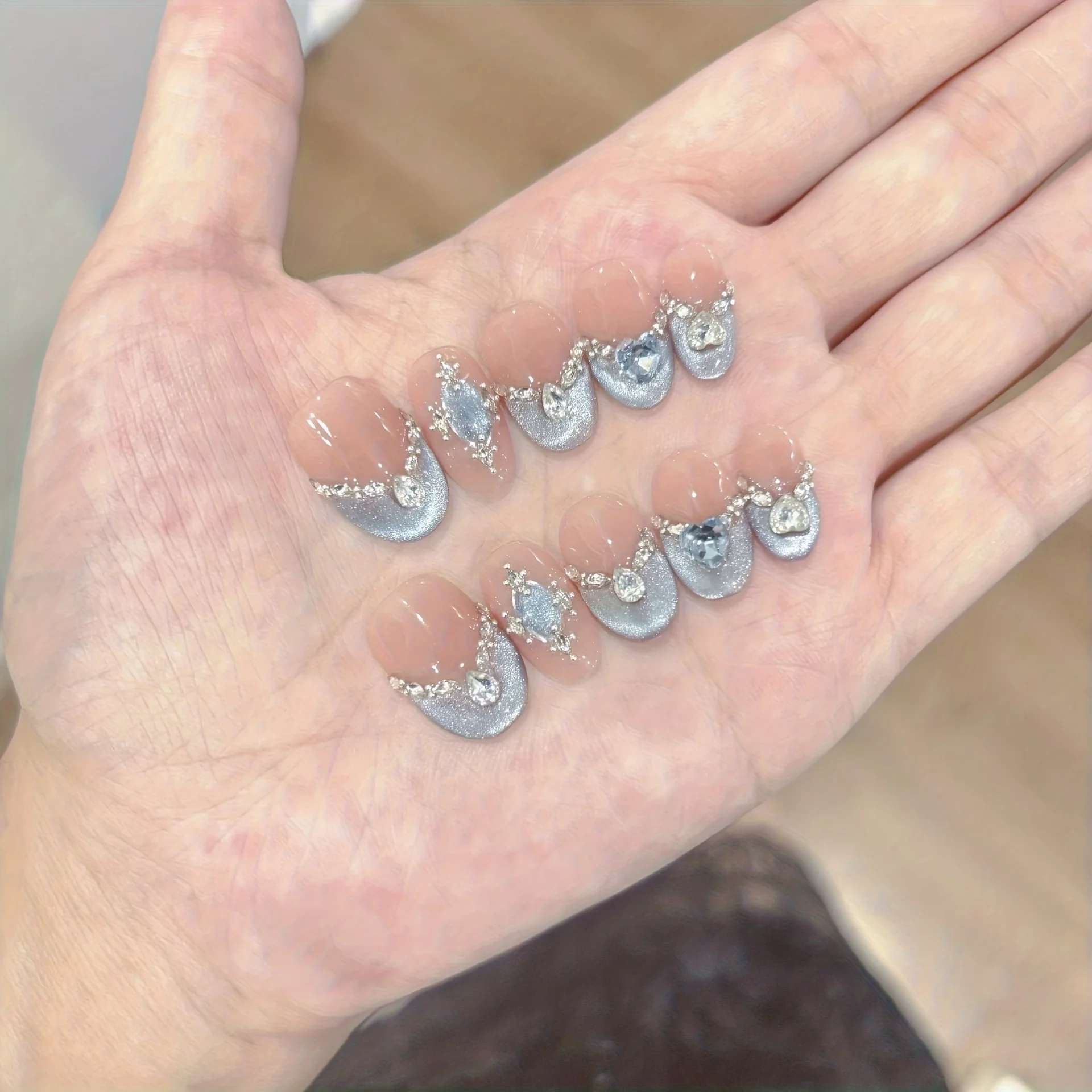 10 Uds. De uñas postizas hechas a mano con forma de isla de nieve, Luna Azul, ojo de gato francés, puntas para uñas, ovaladas cortas, desmontables, usables