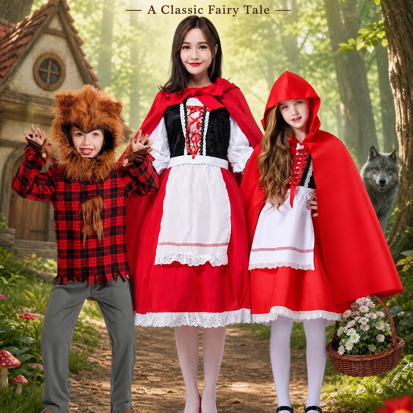 Family Fairy Tale Matching Costume Little Red Hood Cape Dress Wolf Outfit Halloween Cosplay School Play Party Fancy Dress PS66