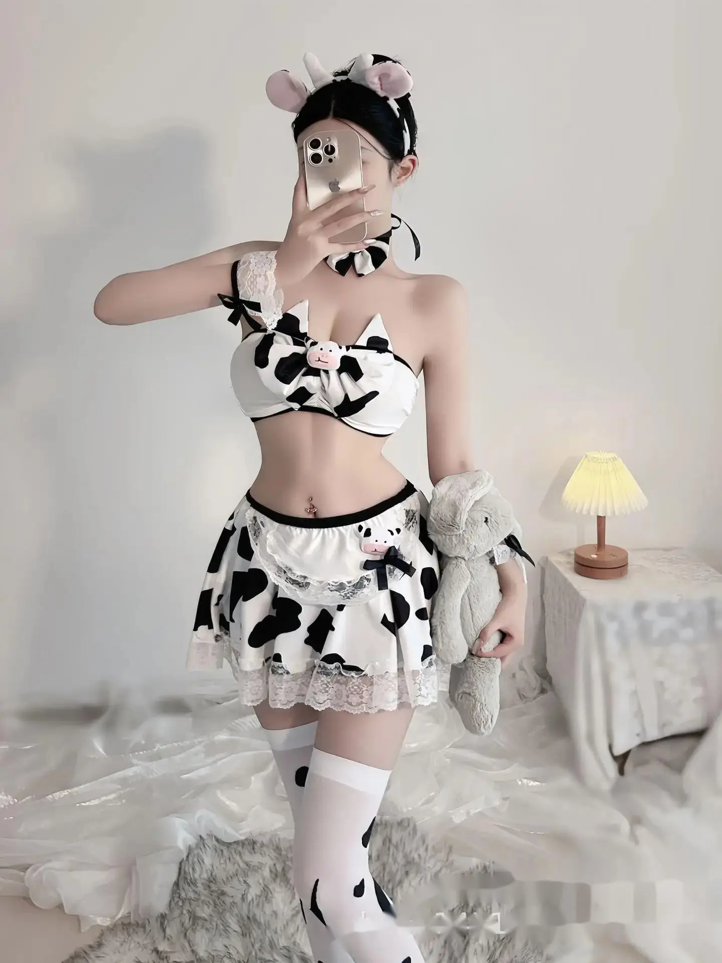 Sexy Cow Uniform Seductive Set Pure Desire Cute Bra Split Short Skirt Set Korean Style Two Piece Outfits For Women Summer 0H9R