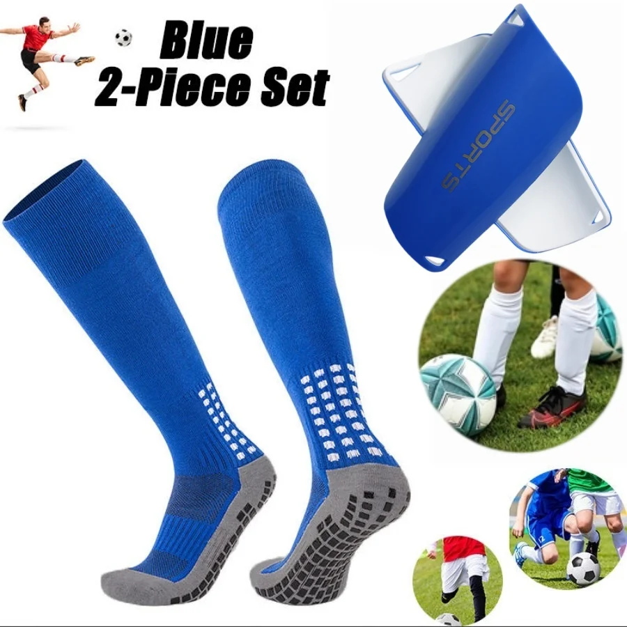 2Pcs Kids Soccer Gear Set Anti Slip Knee High Football Socks + Adjustable Shin Guards Children Football Training Protective Kit
