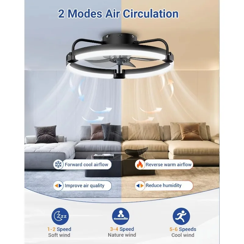 Ceiling fan with light and remote control, 20-inch low profile fan with 6 wind speeds, 3000k-6500k dimmable modern ceiling fan
