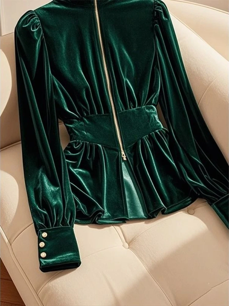 

Elegant Dark Green Velvet High Neck Long Sleeve Shirt Women Winter Slim Fit Blouse Fashion Retro Gold Trim Tops