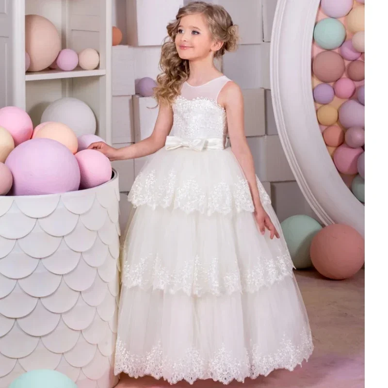 Ivory Tulle Lace Embroidery With Bow Belt Sleeveless For Wedding Birthday Banquet Holy Communion Gowns Flower Girl Dresses