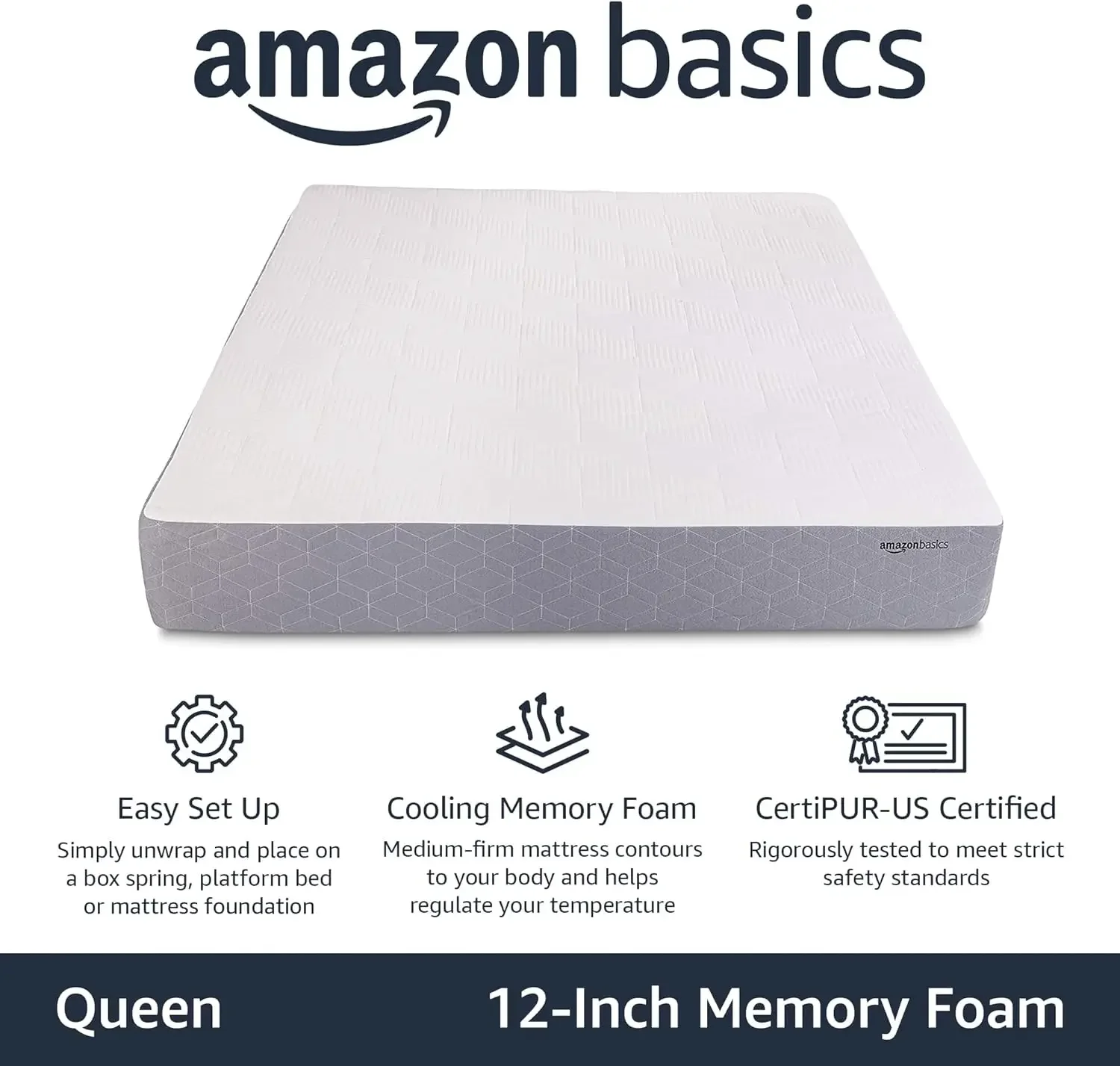 Medium-Firm Memory Foam Mattress, CertiPUR-US Certified - Queen Size, 80 x 60 x 12 inches, White/Gray