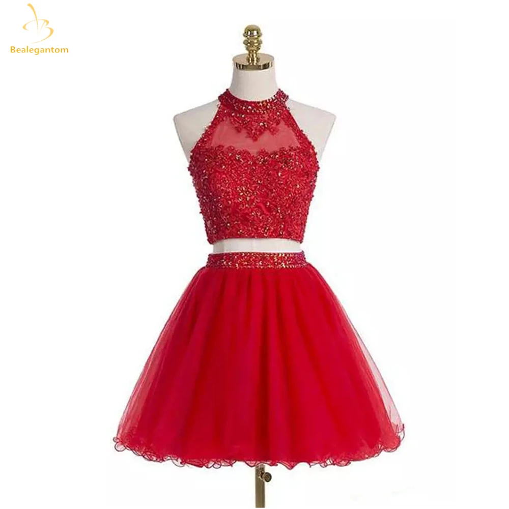 Bealegantom sexy duas peças vermelho curto vestidos de baile frisado cristal baile festa cocktail vestido vestidos de formatura qa565