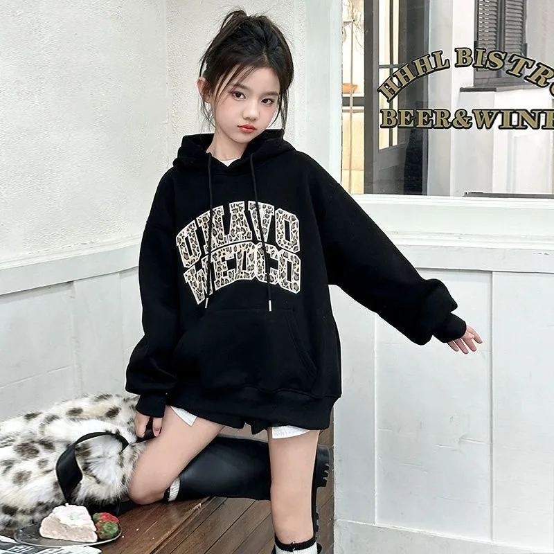 

Girls' 2025 New Autumn/Winter Letter Print Korean Style Loose Casual Hoodie for Kids