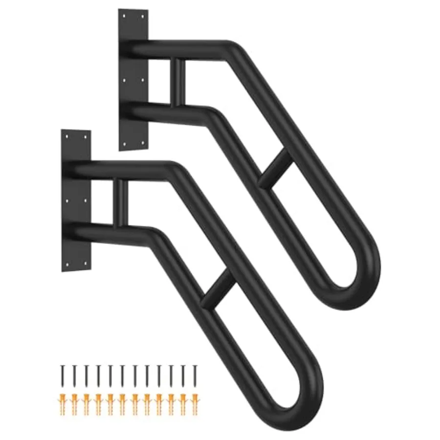 

Wall Mount Handrail Outdoor Grab Bar - 25.8" Bent Black Handrail 2-Pack for Garage Porch Garden Stairs