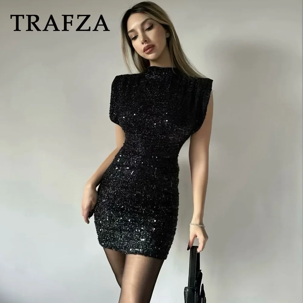 TRAFZA 2025 Women Sequined Party Dress Shoulder Pad Sheath Mini Dress Sleeveless Nightclub Party Women Elegant Chic Dresses