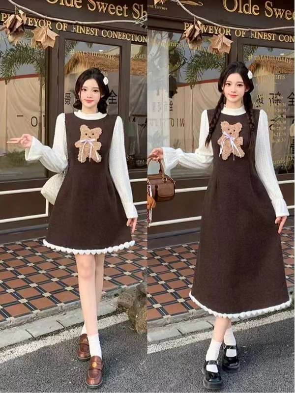 

Женская юбка миди больших размеров с милым мультяшным медведем, длинными рукавами, А-силуэта, с завышенной талией, в корейском стиле, для повседневной носки, зимняя новинка