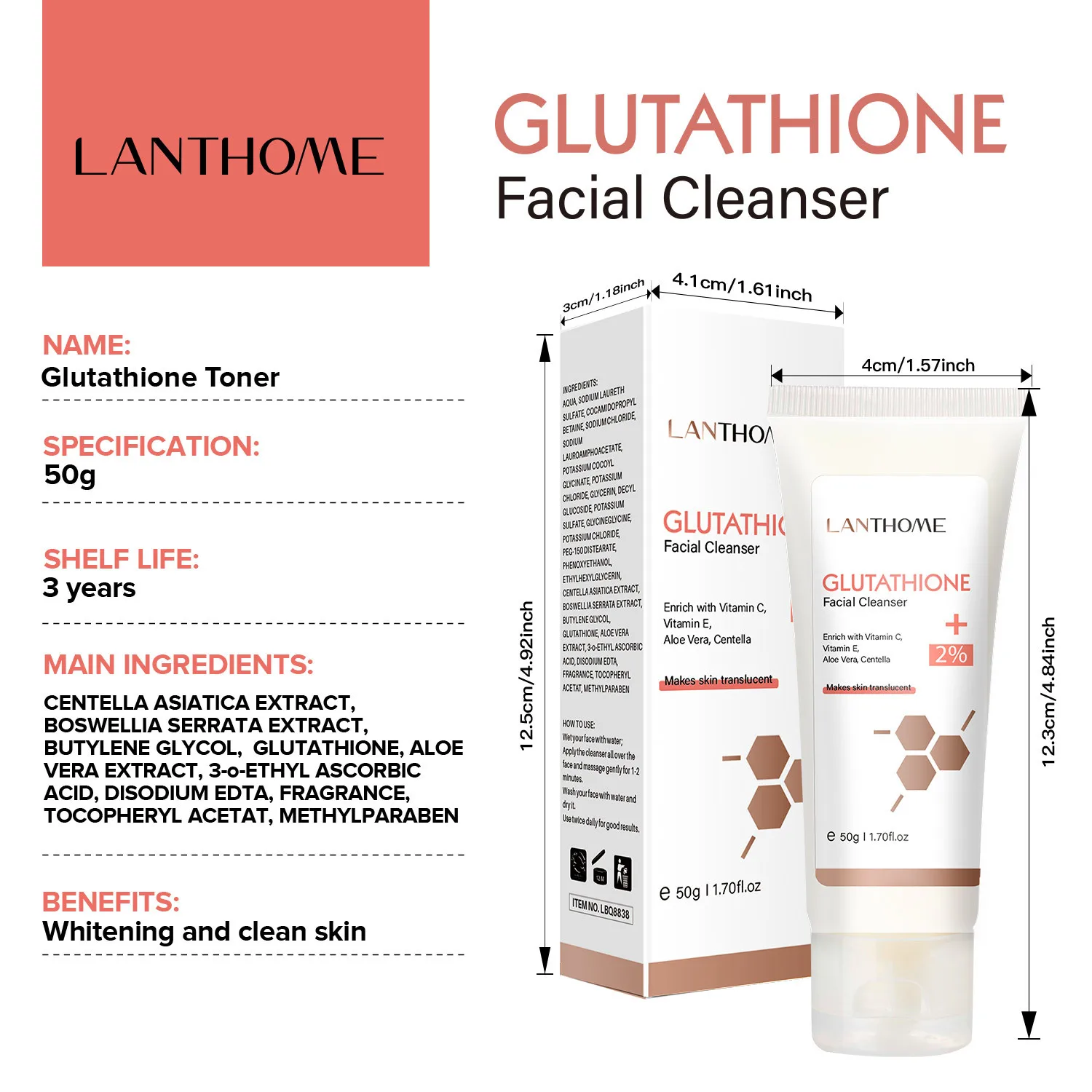 Low Price LANTHOME Glutathione Cleanser Is Gentle and Moisturizing Facial Cleanser (50g*2)