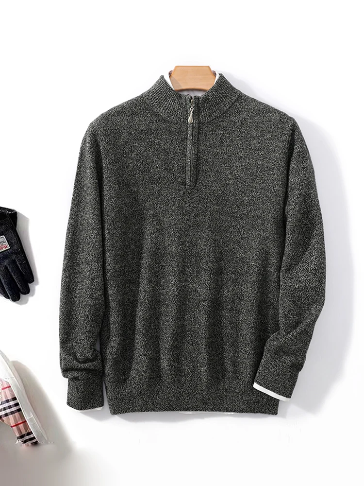 New Spring Autumn Men Zipper Wool Pullover Mock Neck Cashmere Sweater 100% Merino Wool Knitted Soft Warm Knitwear Casual Tops