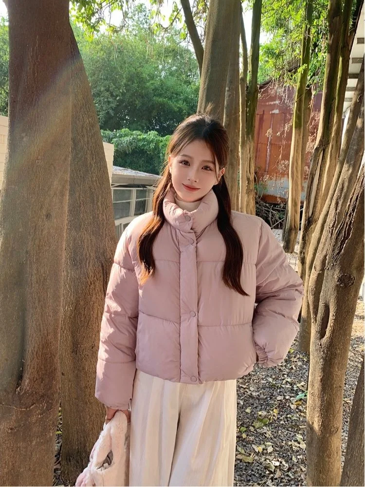 티엔드 퓨어 컬러 스탠드 칼라 브레드 코트 여성용 겨울 아우터웨어 따뜻한 루즈핏 가디건 면옷 출퇴근용