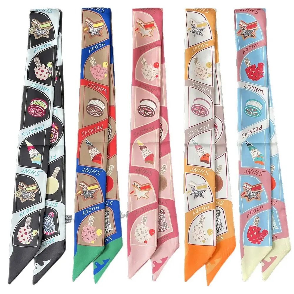 

Simple Bow Ties Long Silk Scarf Ice Cream Floral Plaid Scarf Printed Hair Band Long Ribbon Scarves Spring Summer