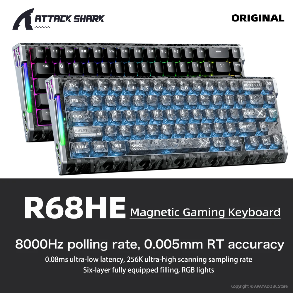 R68HE Attack Shark R68 Magnetic Gaming Keyboard 8K Hz Forged Carbon Fiber Shell 0.005mm RT Full Hot-Swap Mechanical Keyboard