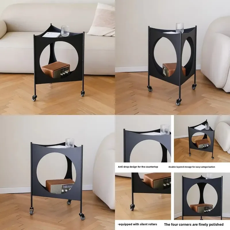 Modern Black Metal Side Table with Wheels Double Storage Sofa End Table Bedside Nightstand for Living Room Bedroom