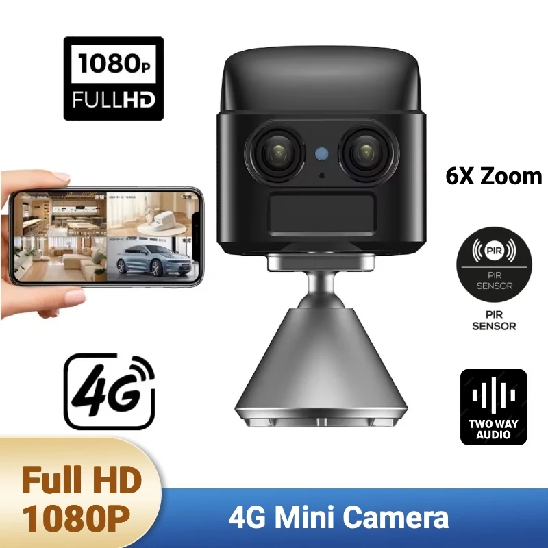 

Dual Lens Mini Camera 4G Security Camera IP CCTV Magnetic 6X Digital Zoom Two Way Audio PIR Human Detction Night Vision Cam