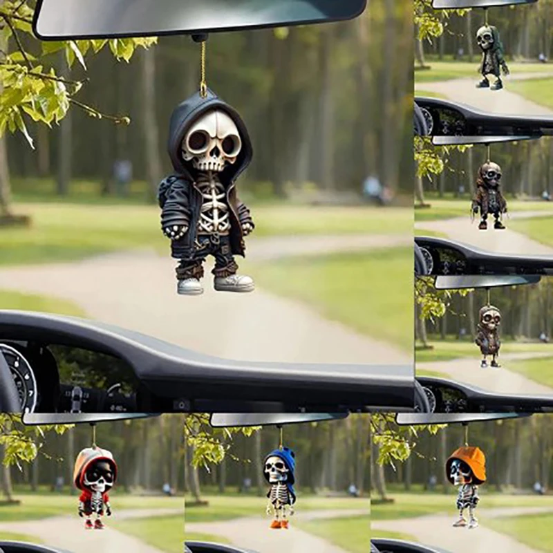 Car Skeleton Figurine Skull Resin Statue Cool Skeleton Decorative For Desk Decor Display Auto Rearview Mirror Pendant Accessory