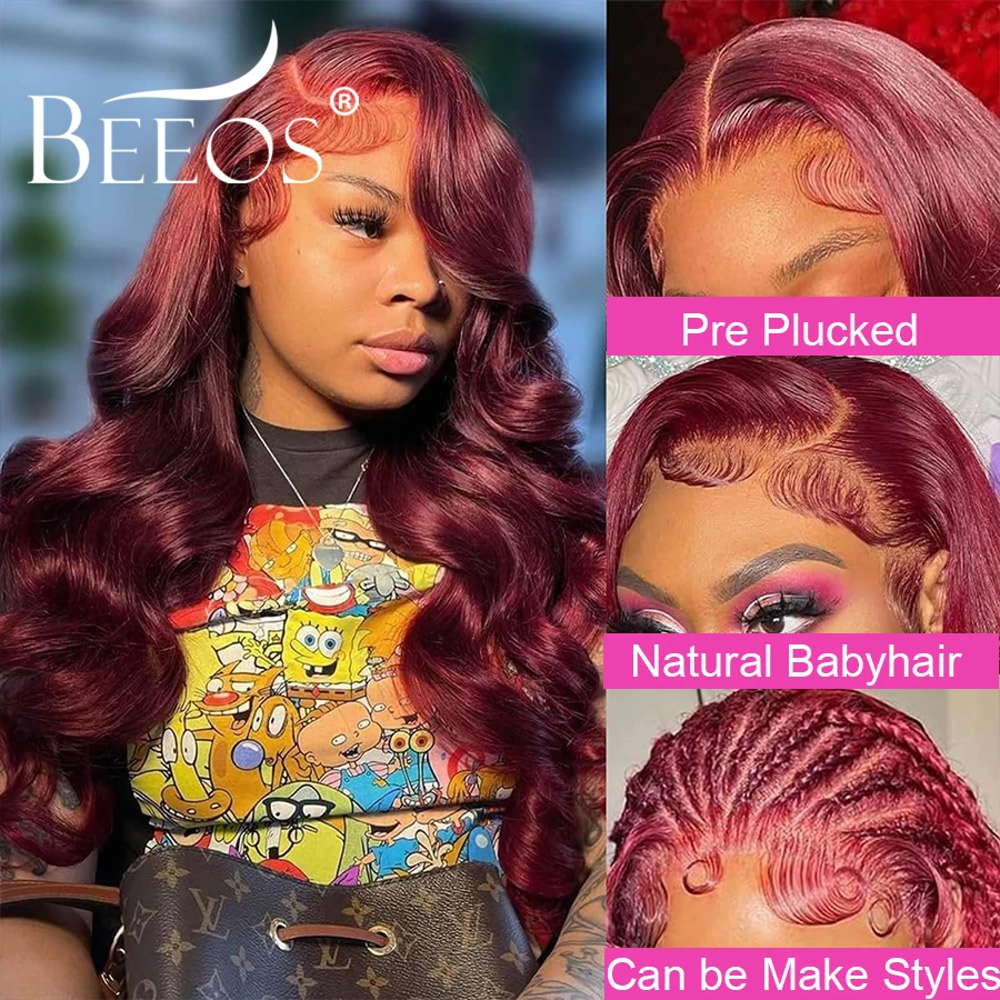 34in 99J Burgundy 13x6 HD Lace Frontal Human Hair Wigs Body Wave Colored Wigs 250% Pre Cut HD Lace Deep Part Melt Skins Virgin