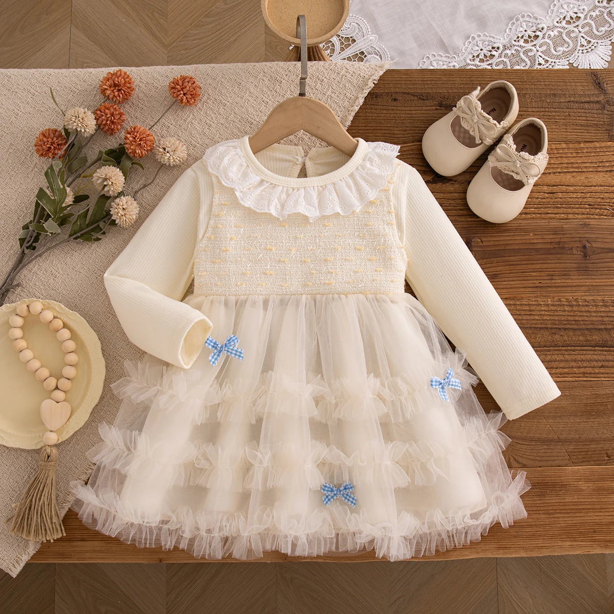 Autumn New Bow Chiffon Baby Girl Princess Dress Beige Knitted Long Sleeved Children'S Clothing (9 Months -3 Years Old) 2