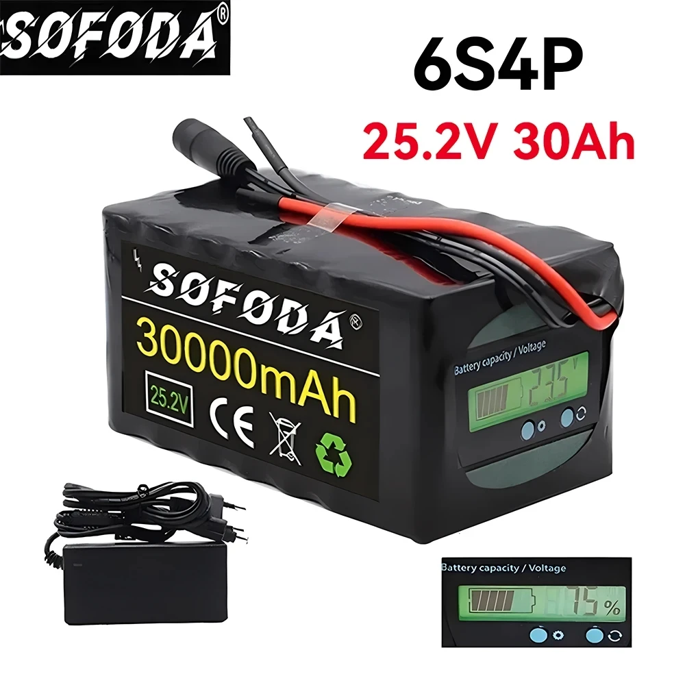 

24V 6S4P 30Ah Battery 750W High Power Battery 25.2V 30000mAh E-bike BMS Electric Bicycle With Capacity Indicator+29.4V Charger