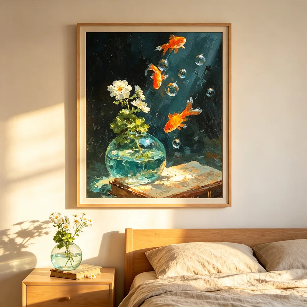 (No Frame) Cartoon Artworks Cute Goldfish Flowers Vase Poster Canvas Paintings Animal Wall Art Pictures for Living Room Decor