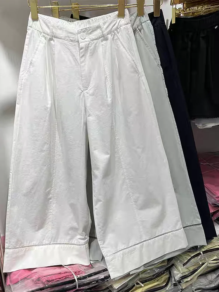Hohe Taille Gerade Bein Casual Hosen frauen aushöhlen Spleißen Breite Bein Neun Punkte Dünne Sommer Neue Sle Koreanische Version