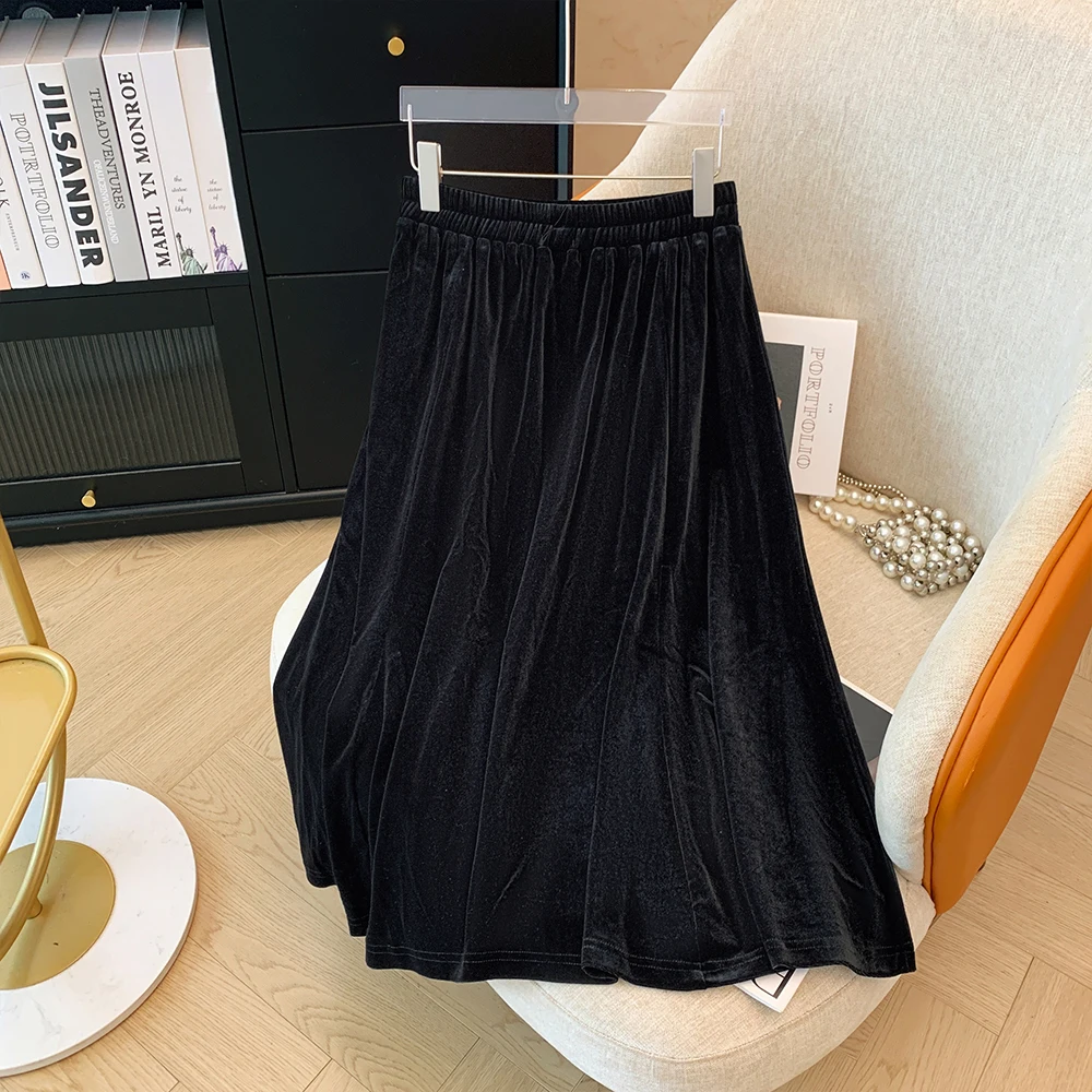 Spring and autumn new plus size women's black velvet high-waisted half-body skirt loose temperament a-type mid-length skirt