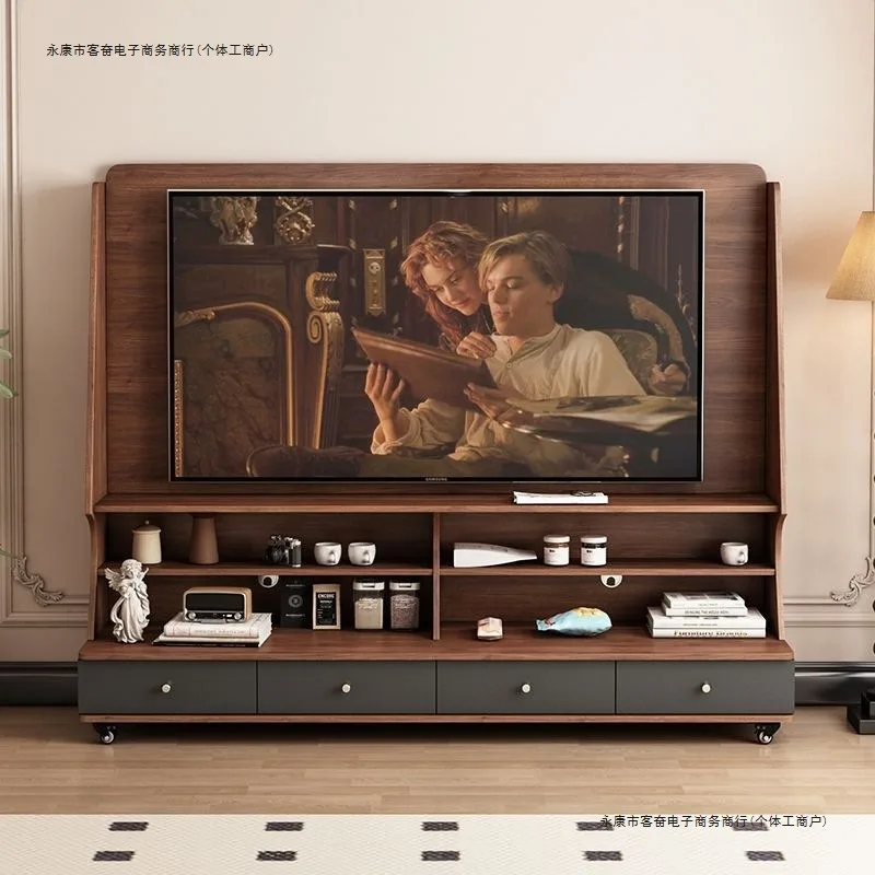 

Movable TV Cabinet Solid Wood Living Room Home 2025 New TV Cabinet Storage Locker Chinese Walnut