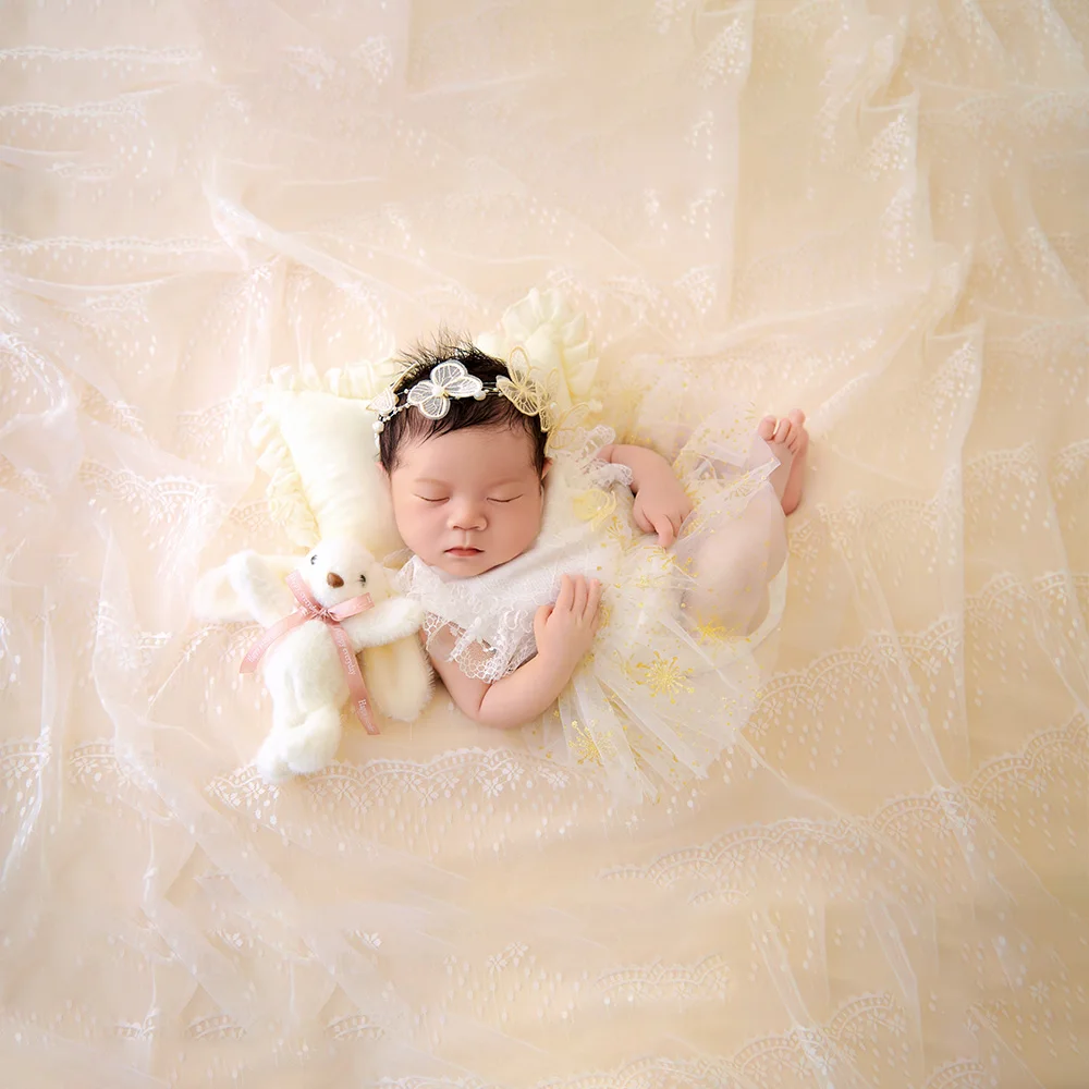 Dreamy Princess Style Newborn Photography Prop Baby Girl Lace Tulle Princess Dress+hat Plush Bunny Prop for Baby Milestone Photo