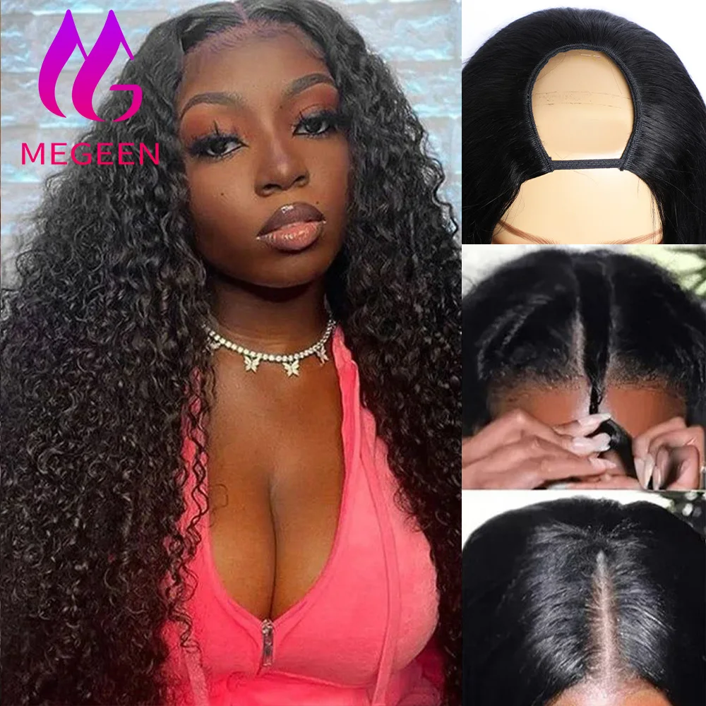 

Megeen U Part Wigs Small Leave Out No Sew In 18-30Inch Curly Natural Black Peruvian Virgin Hair Human Hair Machine Wig For Women