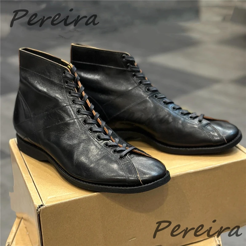 Retro Schwarze Leder-Schnürstiefel für Herren und Damen Runde Zehenkappe Dicksohlige High-Top-Schuhe Street-Style Paar-Freizeitschuhe