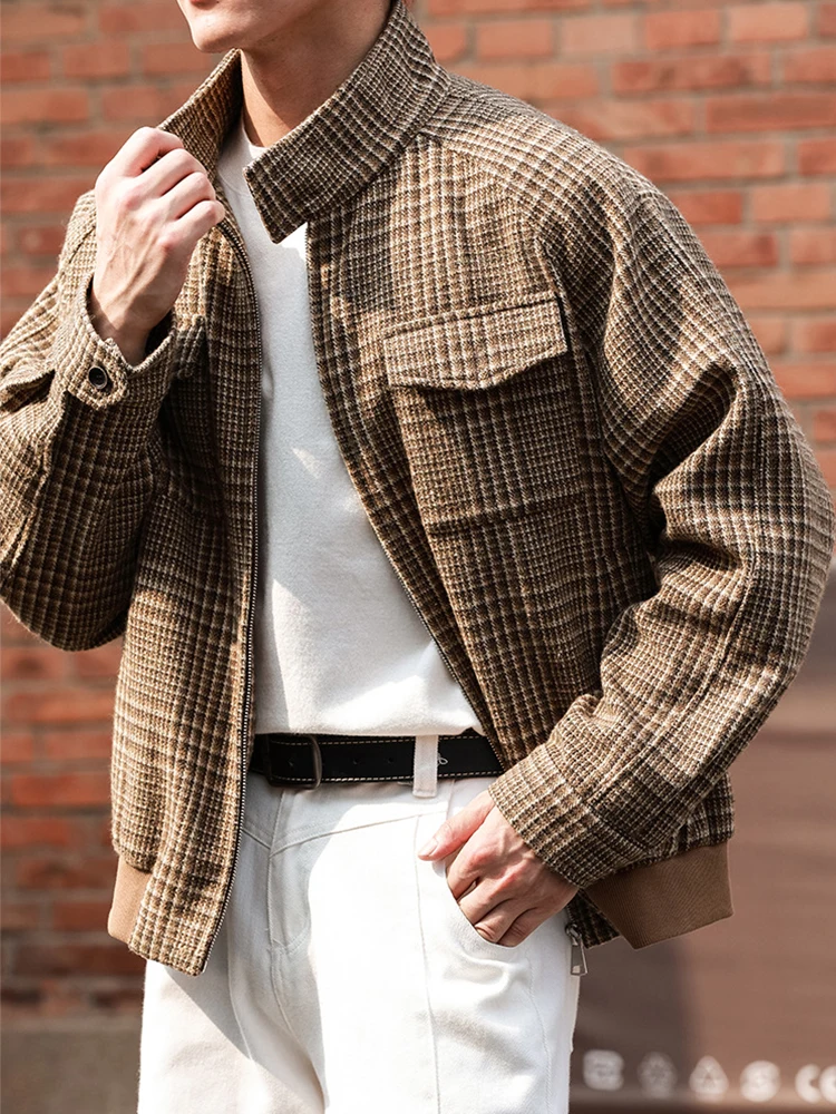 เสื้อแจ็คเก็ตพิมพ์ลายฮาวด์ทูธสไตล์วินเทจสำหรับผู้ชาย เสื้อโค้ทลำลองสำหรับฤดูใบไม้ร่วงและฤดูหนาว เสื้อแจ็คเก็ตผู้ชายมีสไตล์ ซิปหน้า คอตั้ง เสื้อคลุม