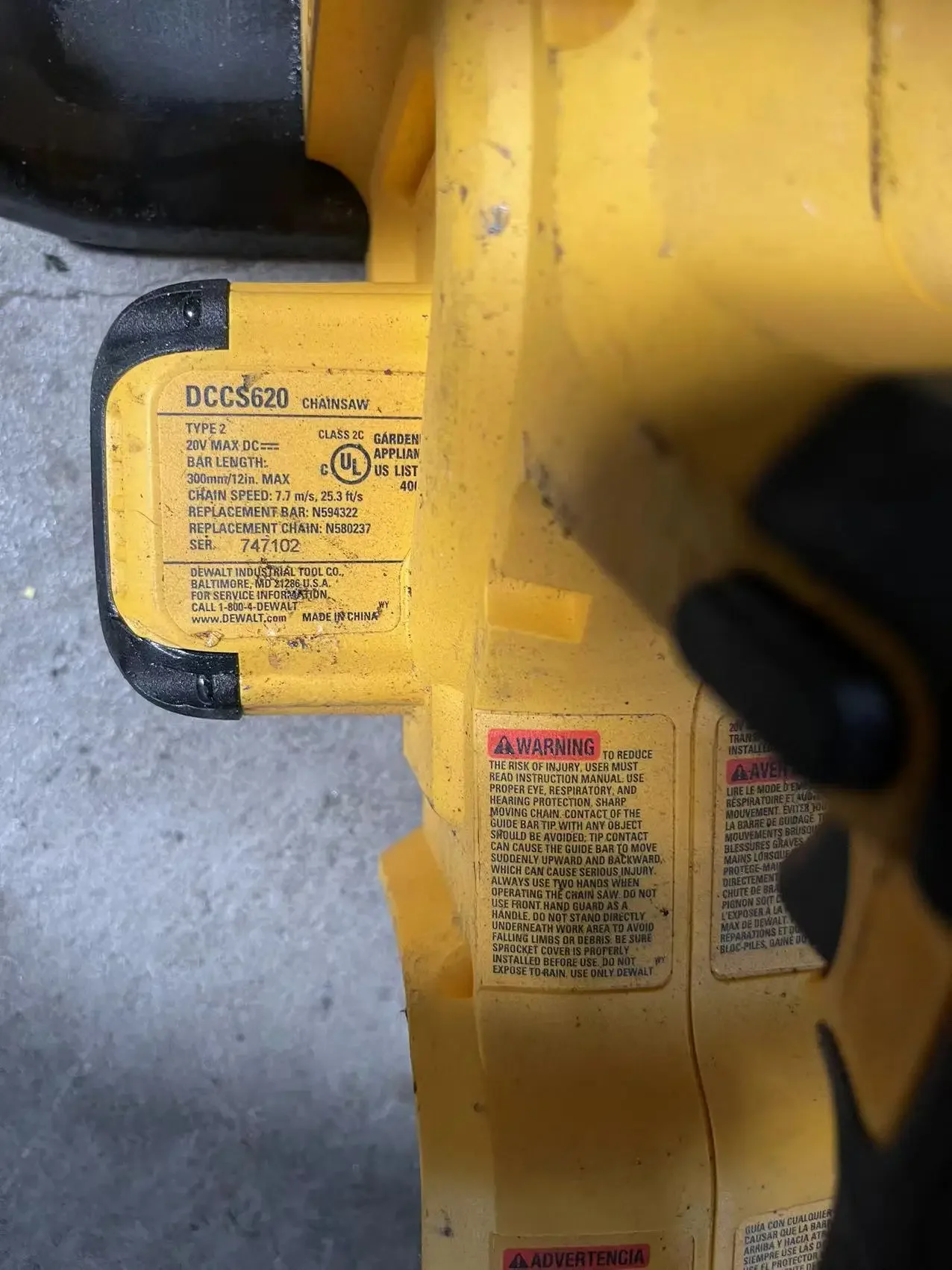 DeWalt-chainsaw、dccs620b、20v、使用ツールのみ