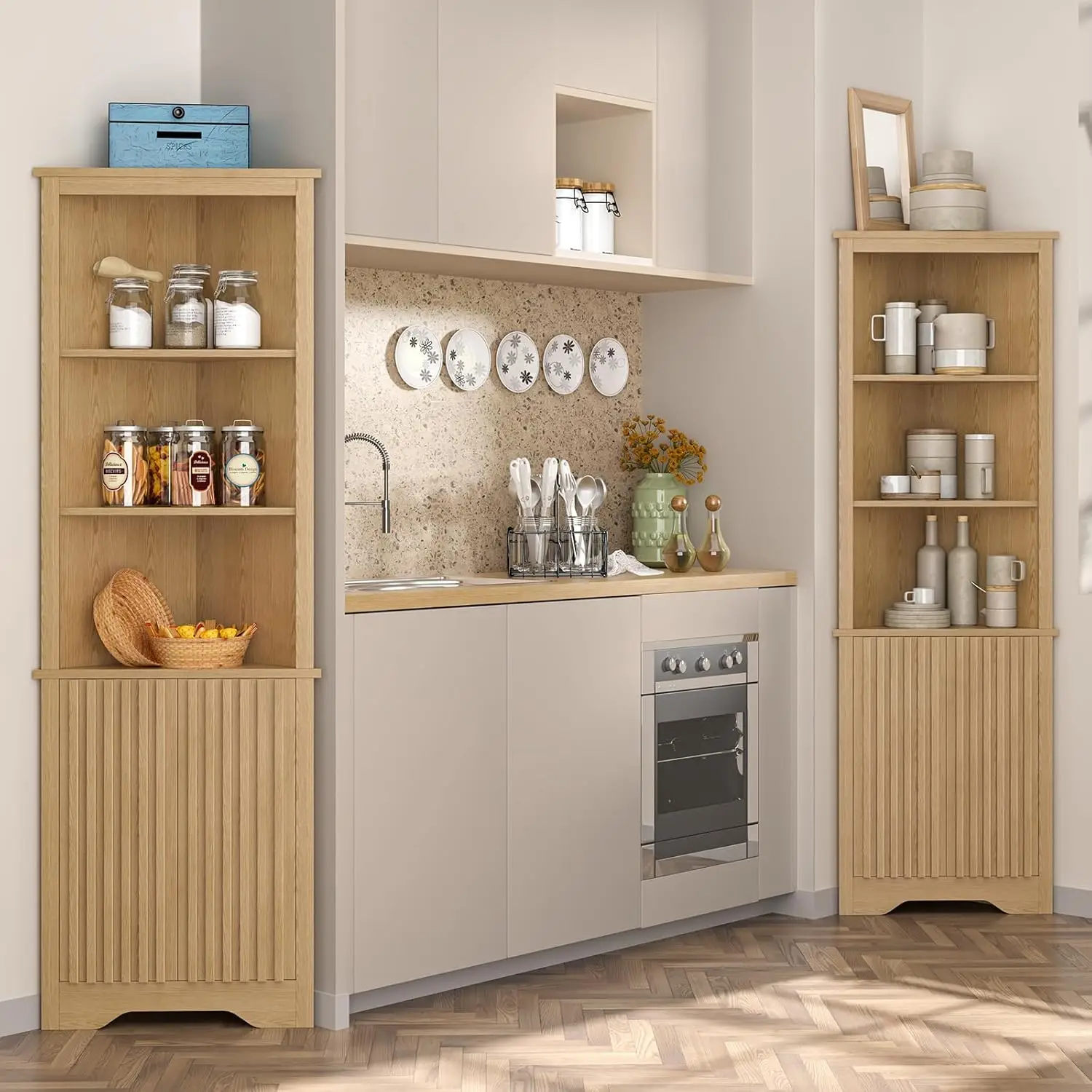 

67" Tall Corner Cabinet with Doors 5-Tier Fluted Storage Cabinet with Adjustable Shelves Space-Saving Organizer for Bathroom