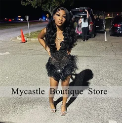 New Black Diamond Short Prom Dress 2025 Luxury Beads Crystal Feather Birthday Party Cocktail Dresses Homecoming Dress Customized