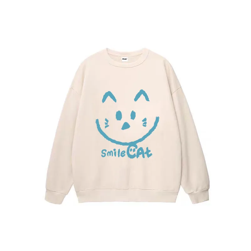 Smile Cat Pattern Printed Crew Neck Sweatshirts 2025 New Simple Fashion Trend Pullover Clothes