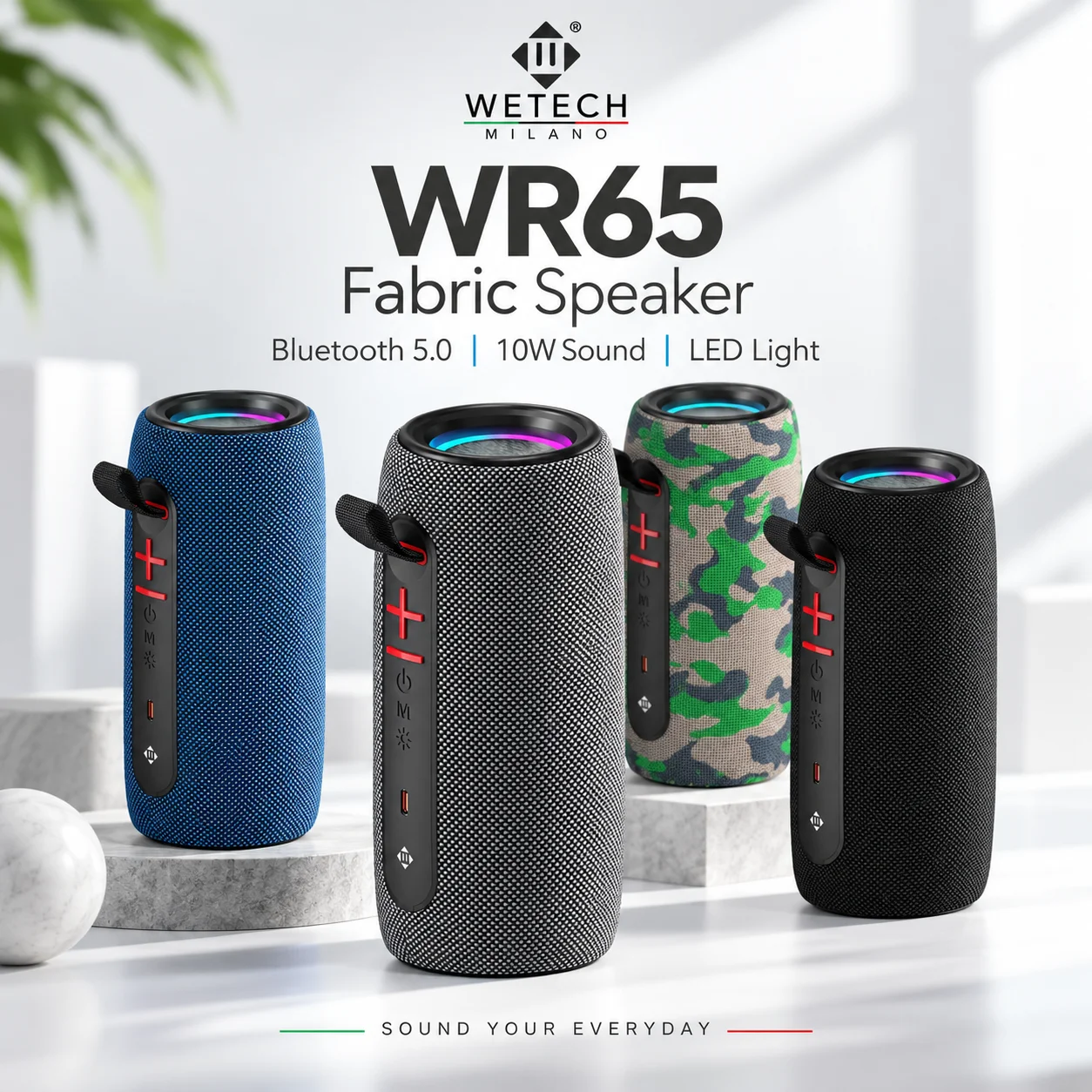 WETECH WR65, altoparlante Bluetooth portatile con rivestimento in tessuto, suono stereo da 10 W, Bluetooth 5.0, illuminazione LED RGB multicolore, altoparlante wireless per esterni con tracolla