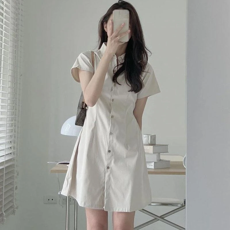 

2024 Summer Pleated Shirt Dress Fashion A-Line Single Breasted Casual Dress Turn-Down Collar High Waist Solid Trendy Mini Dress