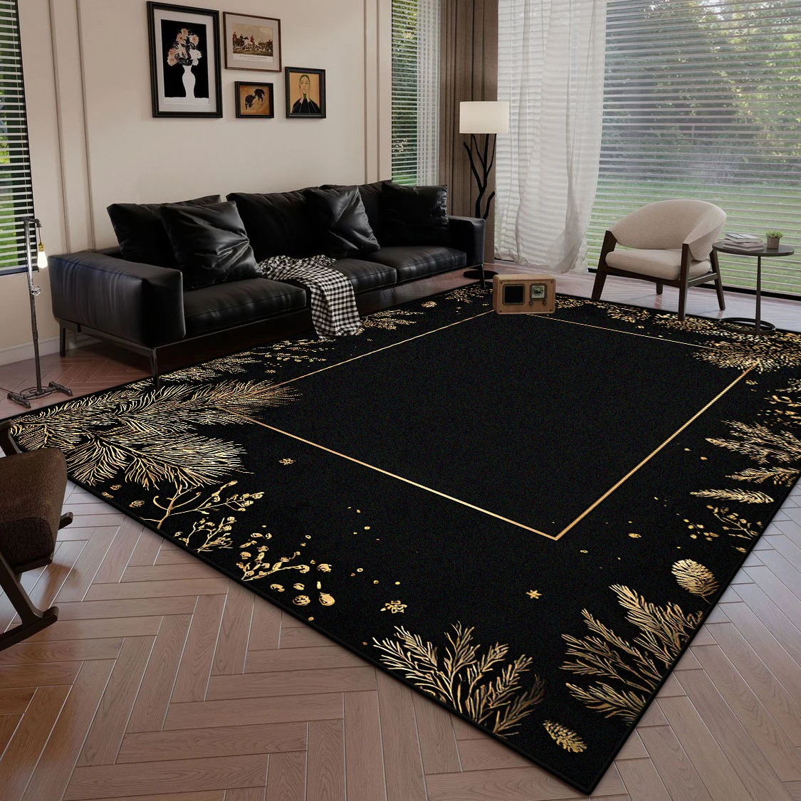 Black Carpet Living Room Christmas Gift Golden Snowflake Pattern Room Antiskid Bedside Rugs Easy Clean Large Area Sofa Table Mat