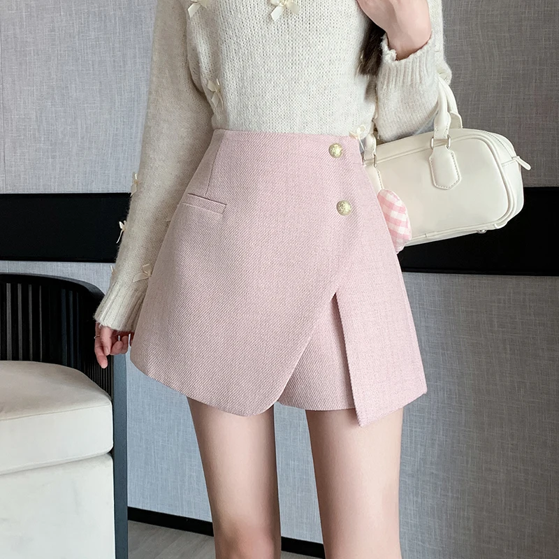 Pink Irregular Women's Skirts Shorts With Buttons 2024 Autumn Winter High Waist Elegant Fashion Office Work Woolen Short Pants