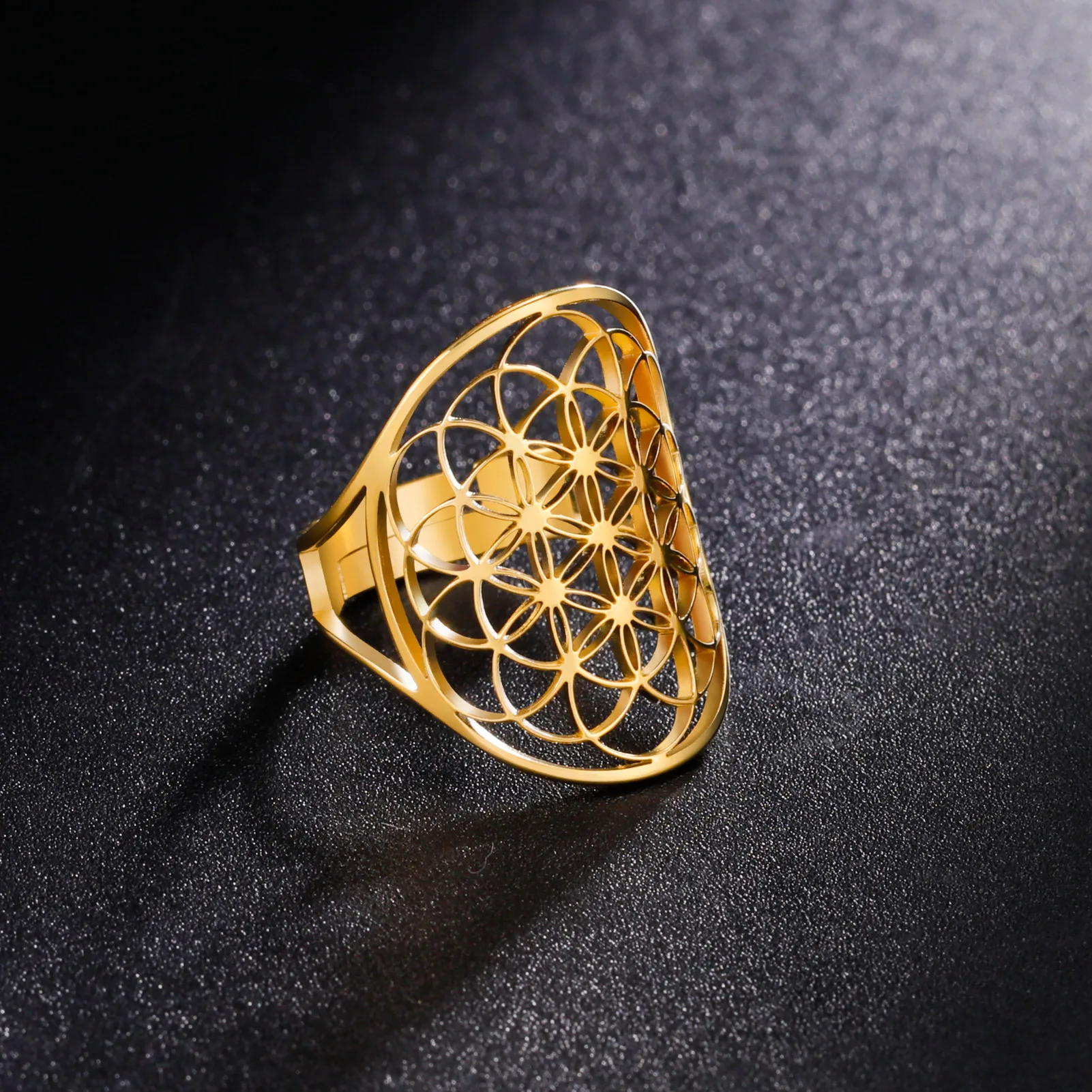 Vintage Flower of Life Seed of Life Adjustable Wedding Ring for Women Boho Aesthetic Stainless Steel Jewelry Bague Femme Anillos