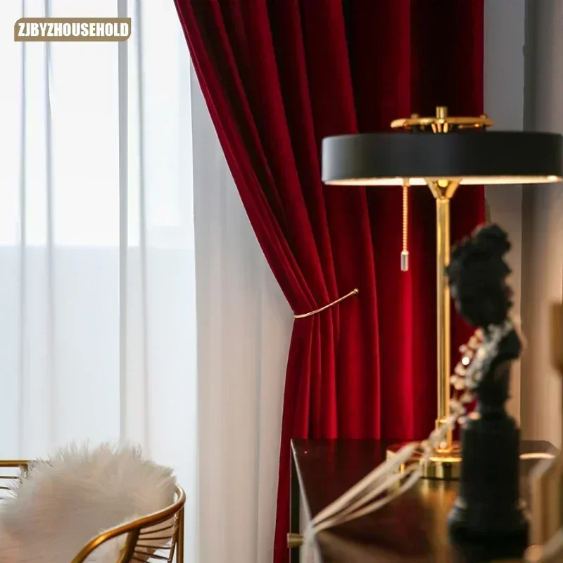 

Custom Blackout Velvet Light Curtains for Living Dining Room Bedroom Luxury Post-modern Nordic Wine Red Curtain Cloth Blackout