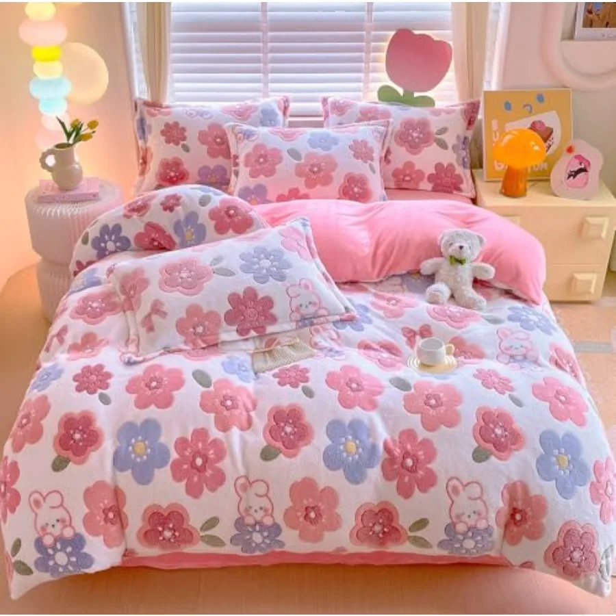 

Duvet Cover Pink 3Pcs Zipper Bedding Sets Aesthetic Floral Comforter Cover Ultra Soft Fluffy Blanket Cute Kawaii Bed Set for To